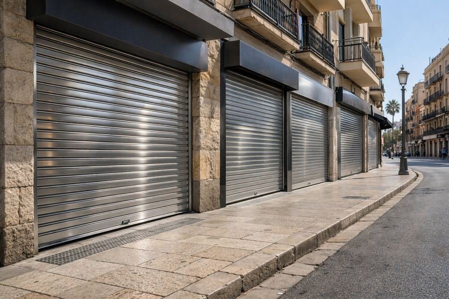 Calle comercial de Reus con persianas metálicas enrollables de acero en locales cerrados