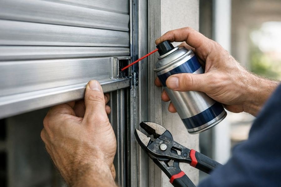 Manos de un persianista lubricando las guías laterales de una persiana de aluminio durante una reparación