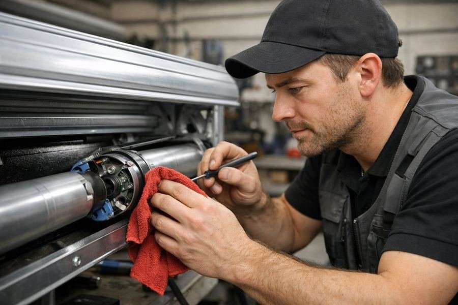 Técnico de Persireus con guantes revisando el mecanismo de un motor de persiana en taller