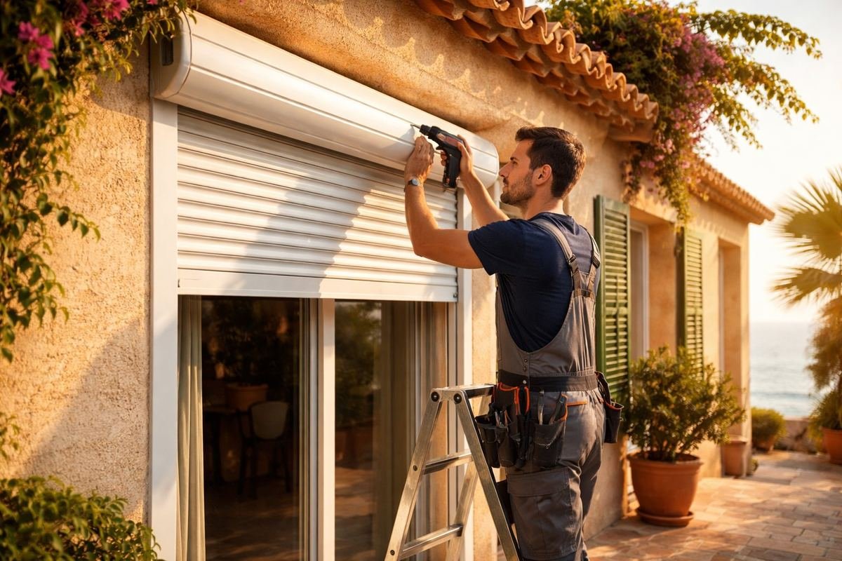 Persianista de Persireus instalando una persiana enrollable nueva de PVC blanco en la fachada de una casa mediterránea en Reus