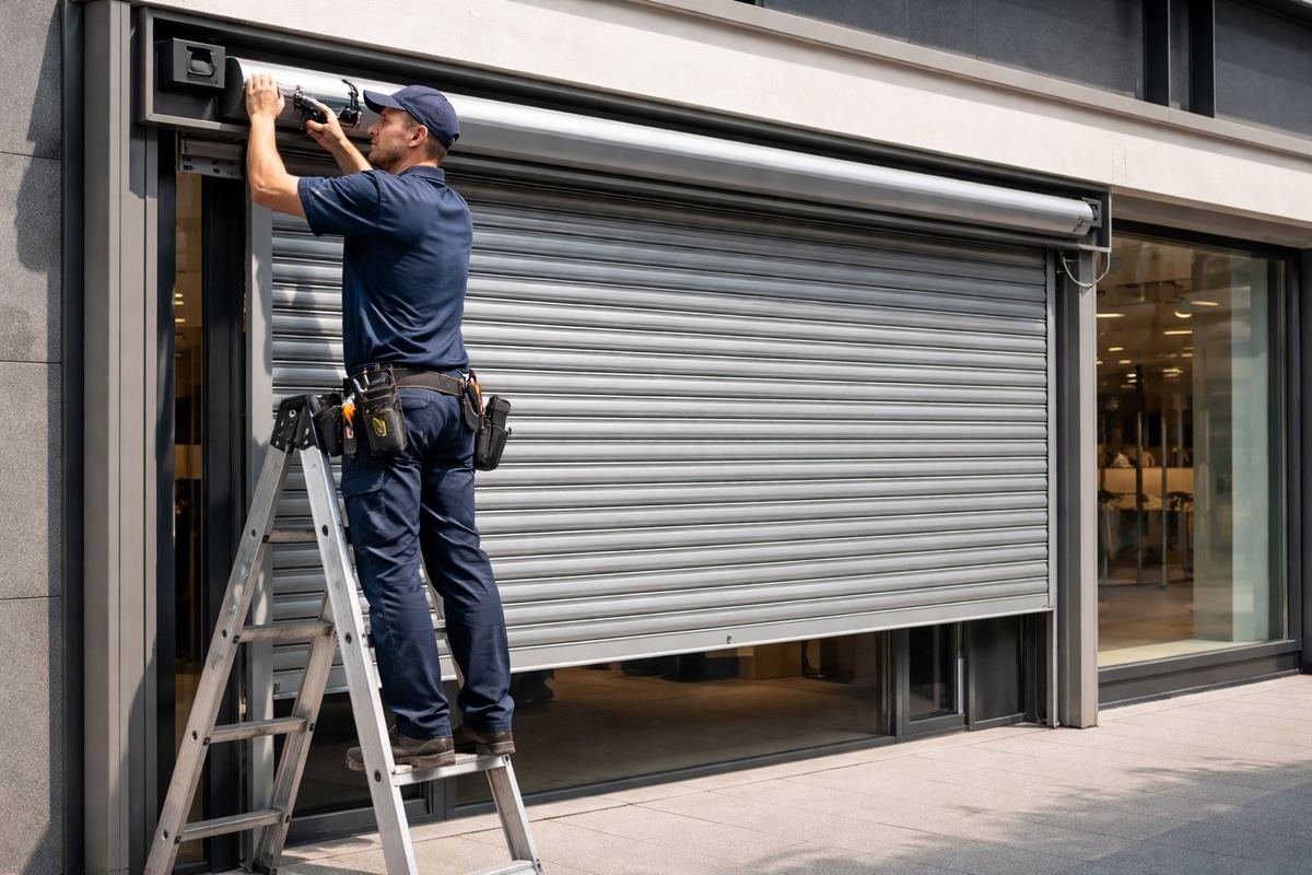Técnico de Persireus revisando el mecanismo de una persiana metálica enrollable en un local comercial de Reus