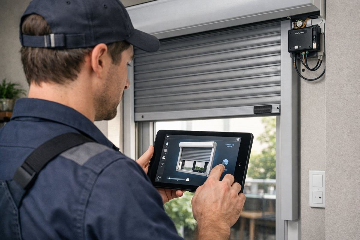 Técnico de Persireus programando una persiana inteligente con tablet junto a una ventana automatizada en Reus