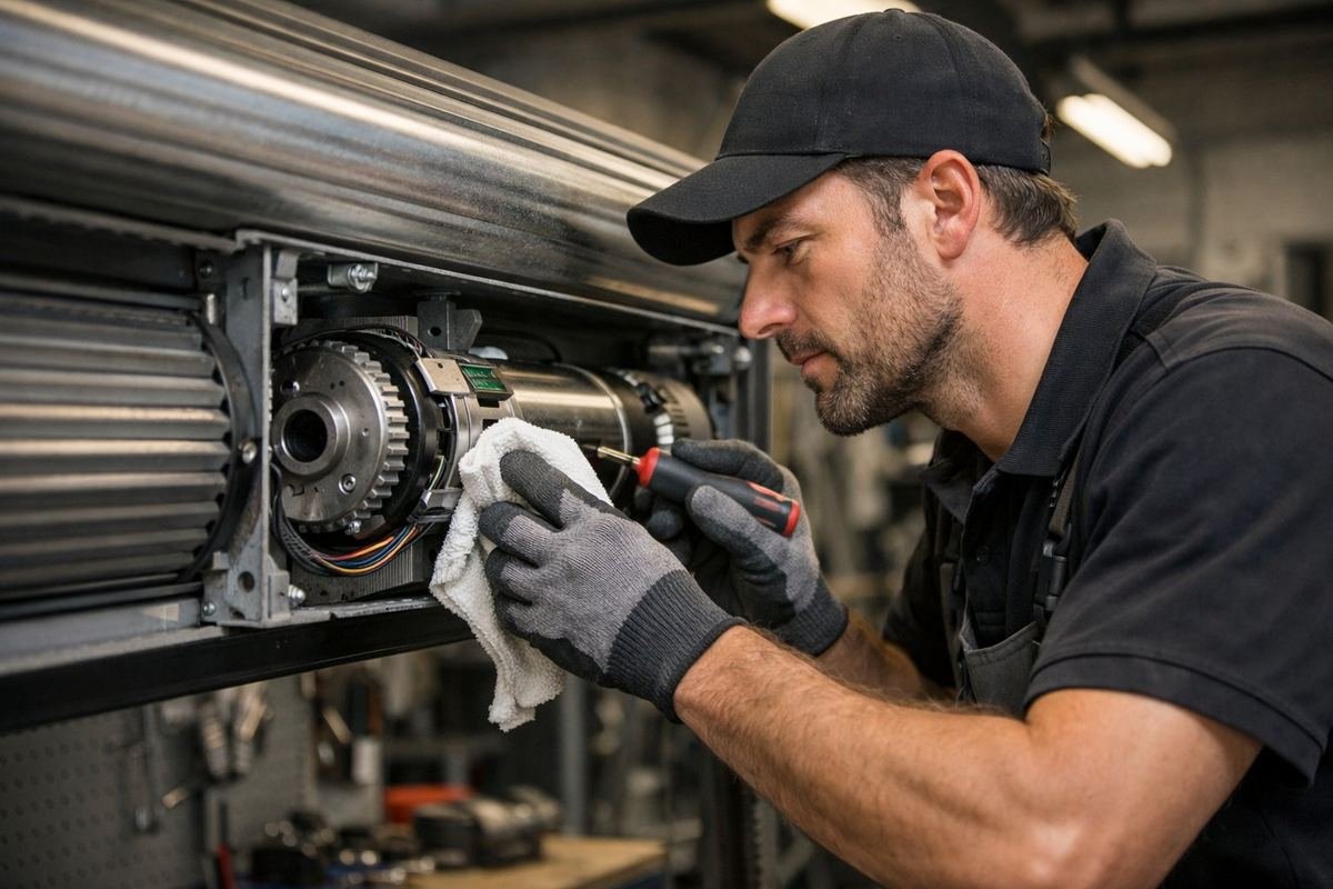 Técnico de Persireus reparando el mecanismo de cinta de una persiana en un domicilio de Reus